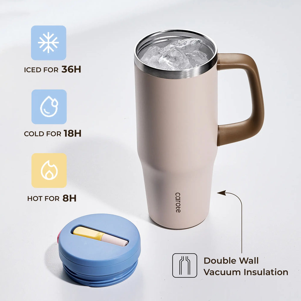 [Carotego]32Oz/40Oz Tumbler Cup Stainless Steel with Pop-Up Straw, Dishwasher Safe, Ergonomic Handle