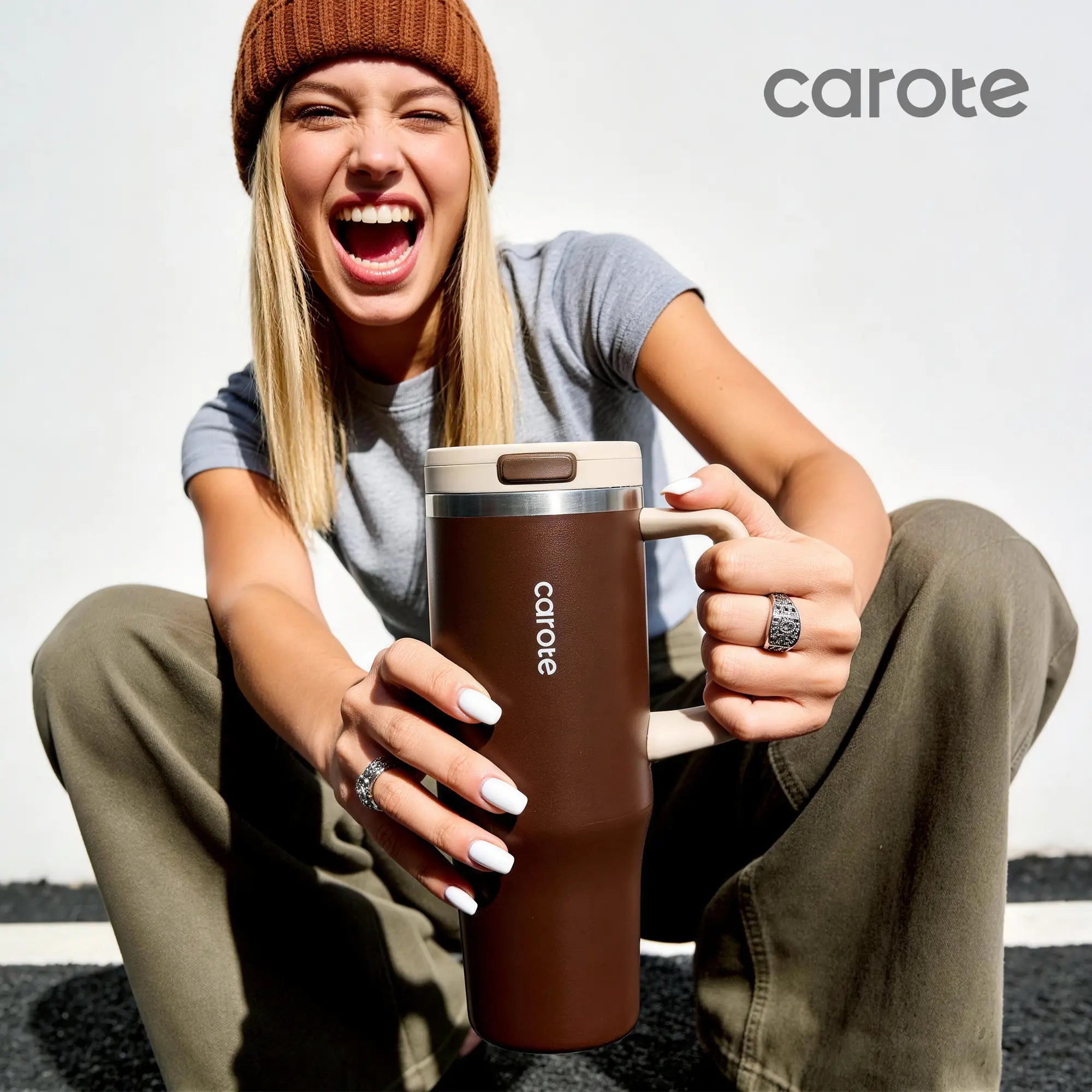 [Carotego]32Oz/40Oz Tumbler Cup Stainless Steel with Pop-Up Straw, Dishwasher Safe, Ergonomic Handle