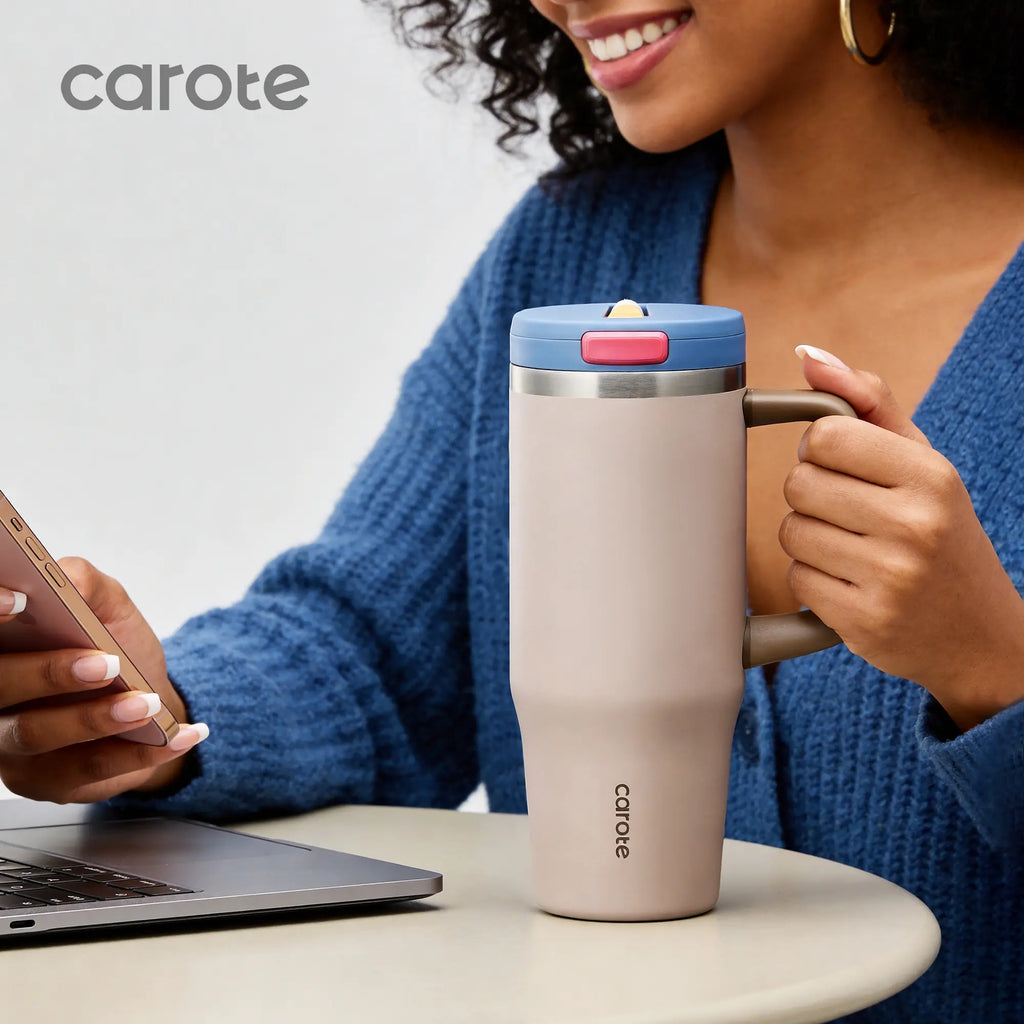 [Carotego]32Oz/40Oz Tumbler Cup Stainless Steel with Pop-Up Straw, Dishwasher Safe, Ergonomic Handle