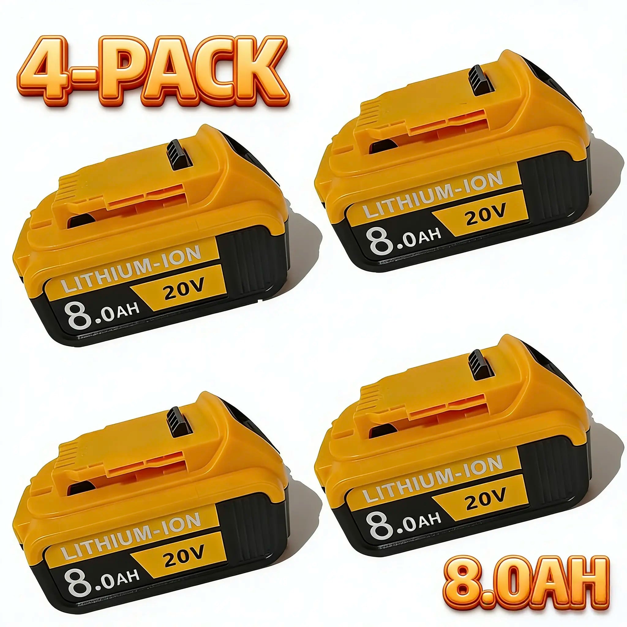 4-Pack Dewalt Cordless Power Tools Replacement Batteries, 20V/8Ah MAX Lithium-Ion Batteries, High-Capacity Long-Range Batteries, Compatible with DCB200, DCB203, DCB208 with LED Power Indicator Display