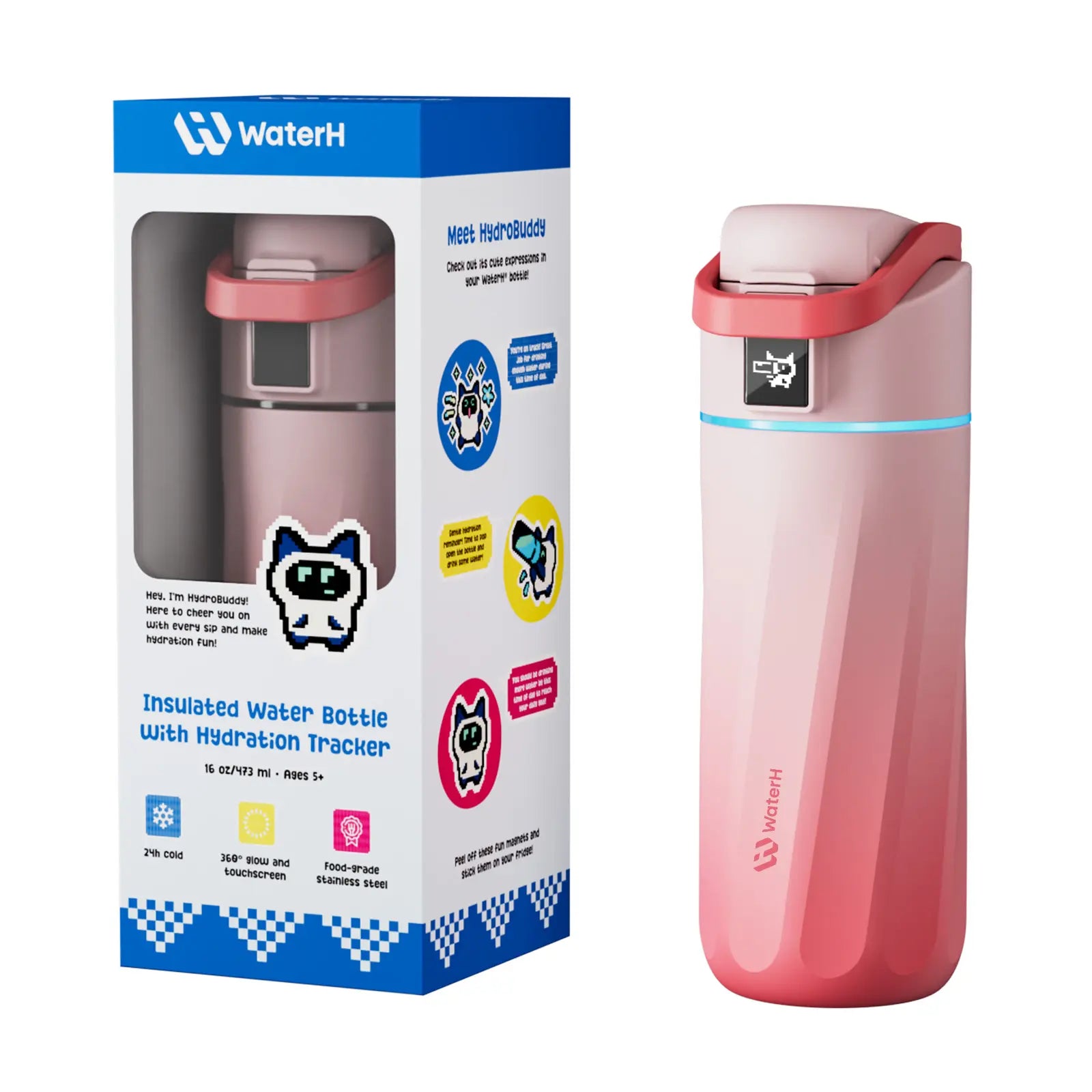 WATERH Boost Smart Water Bottle with APP - Insulated Stainless Steel Flask, Water Intake Tracker & Hydration Reminder, Portable Vacuum Thermal Cup, Wide Mouth Water Bottle for Travel & Gym, , Free Christmas Sticker，Ideal Gift