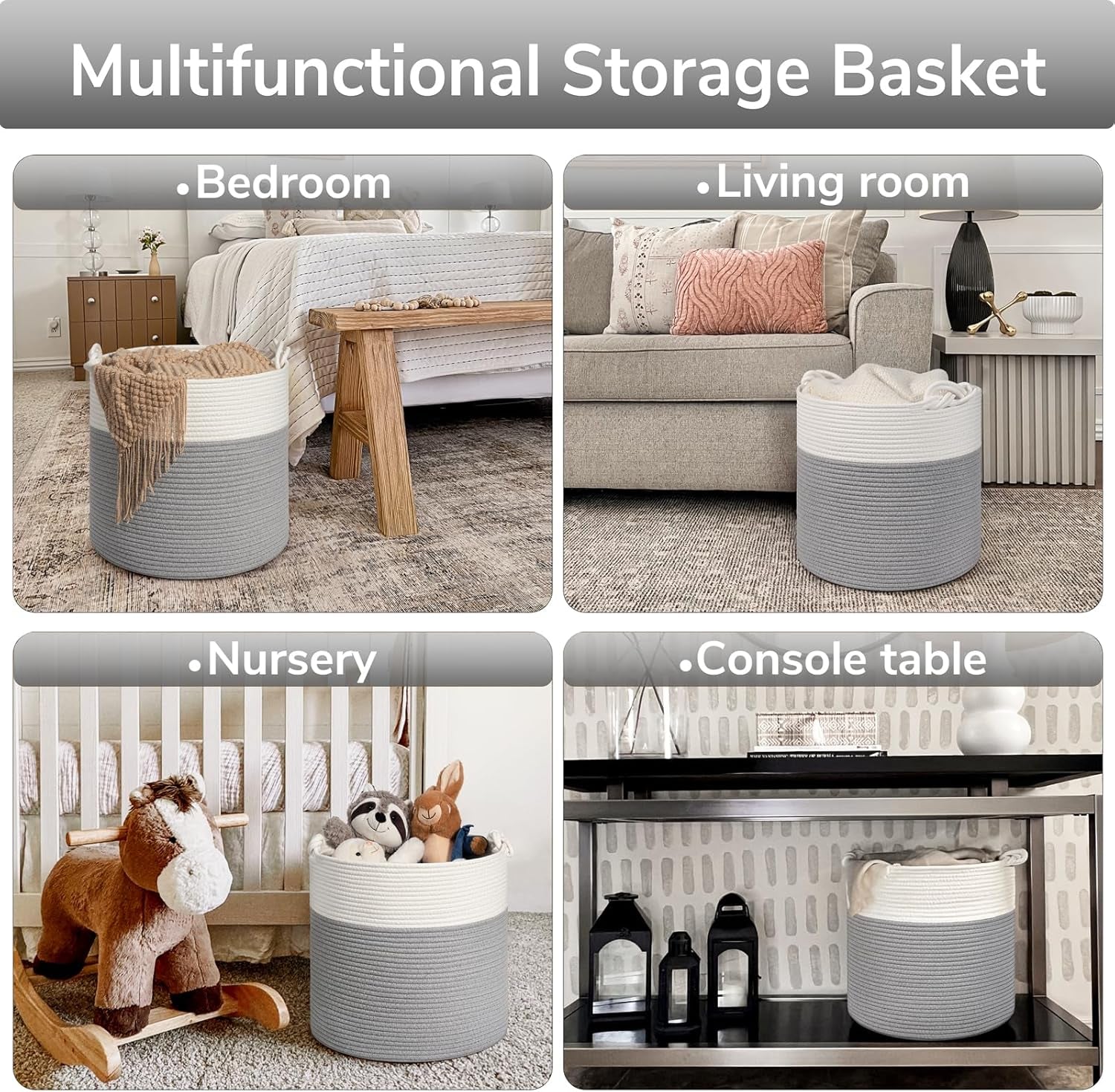 Stylish Grey Cotton Rope Storage Basket - Perfect for Baby Laundry, Toy Storage & Home Organization - 15 x 14.2 Inches with Convenient Handles