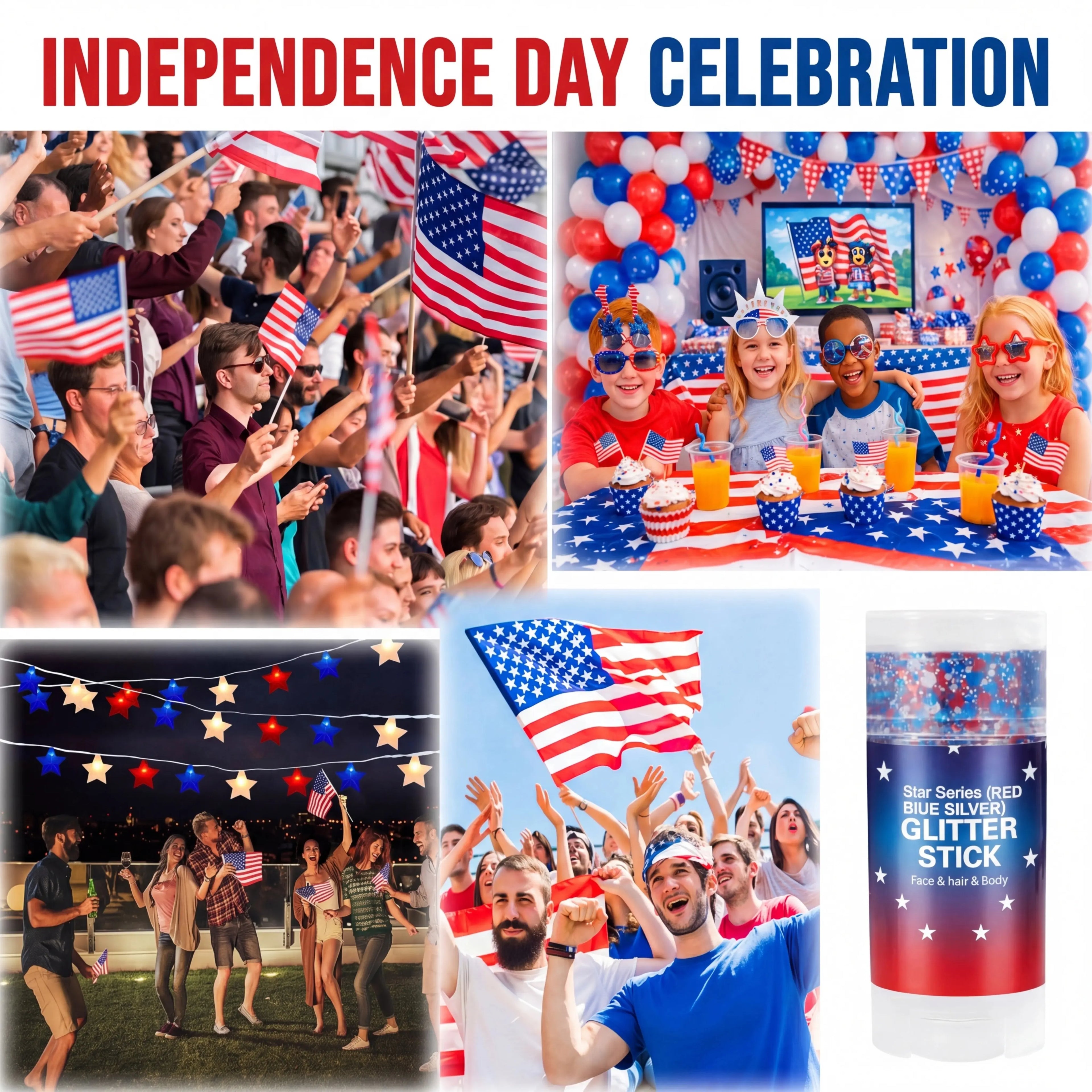 4Th of July Glitter Stick | Red, White & Blue Body & Hair Sparkle for Independence Day Party, Festival & Fun Holiday Look