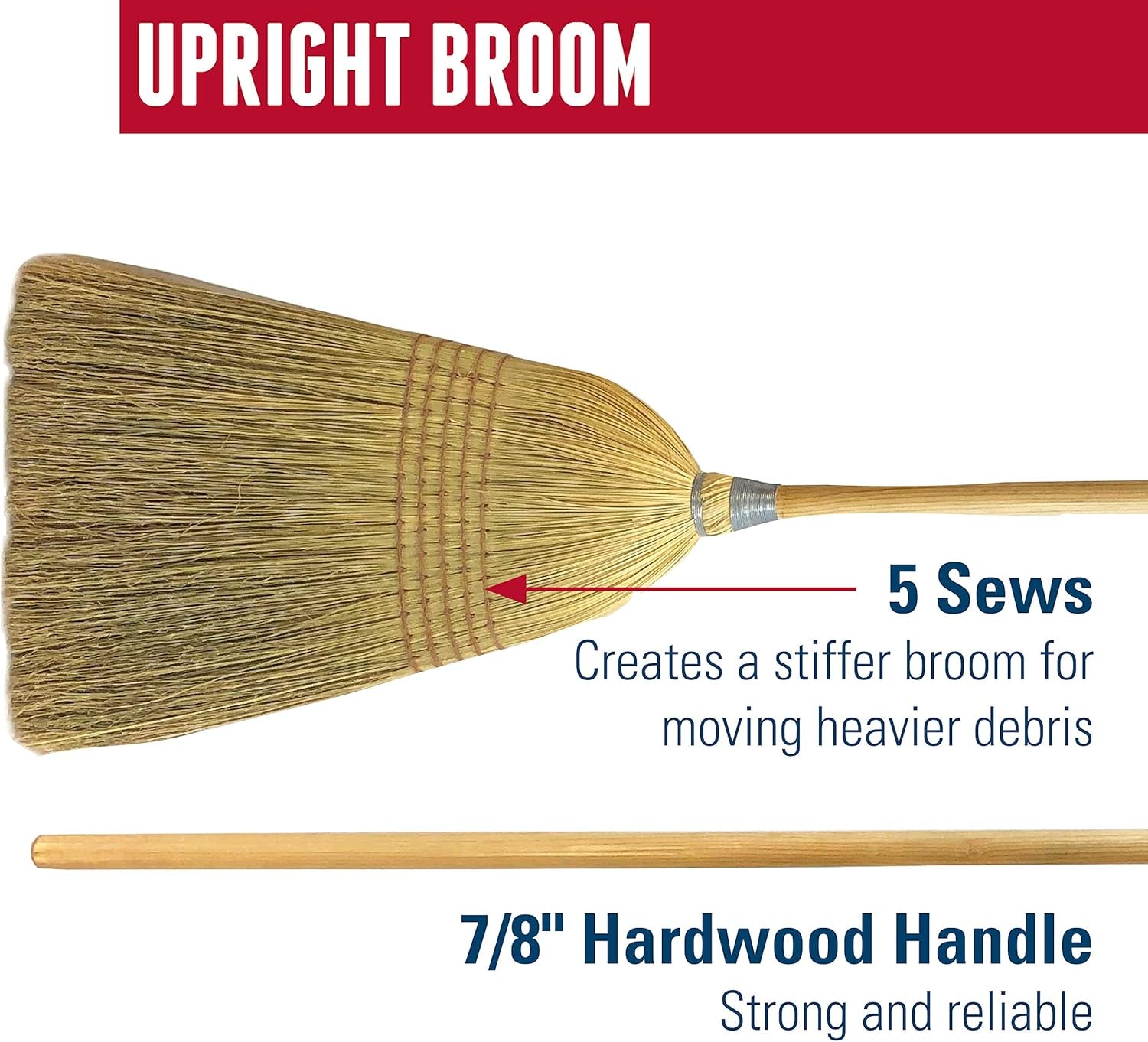 95033 Heavy-Duty Corn Broom with Wooden Handle, 5 Sews, 100% Natural Corn Fill for Indoor or Outdoor Sweeping