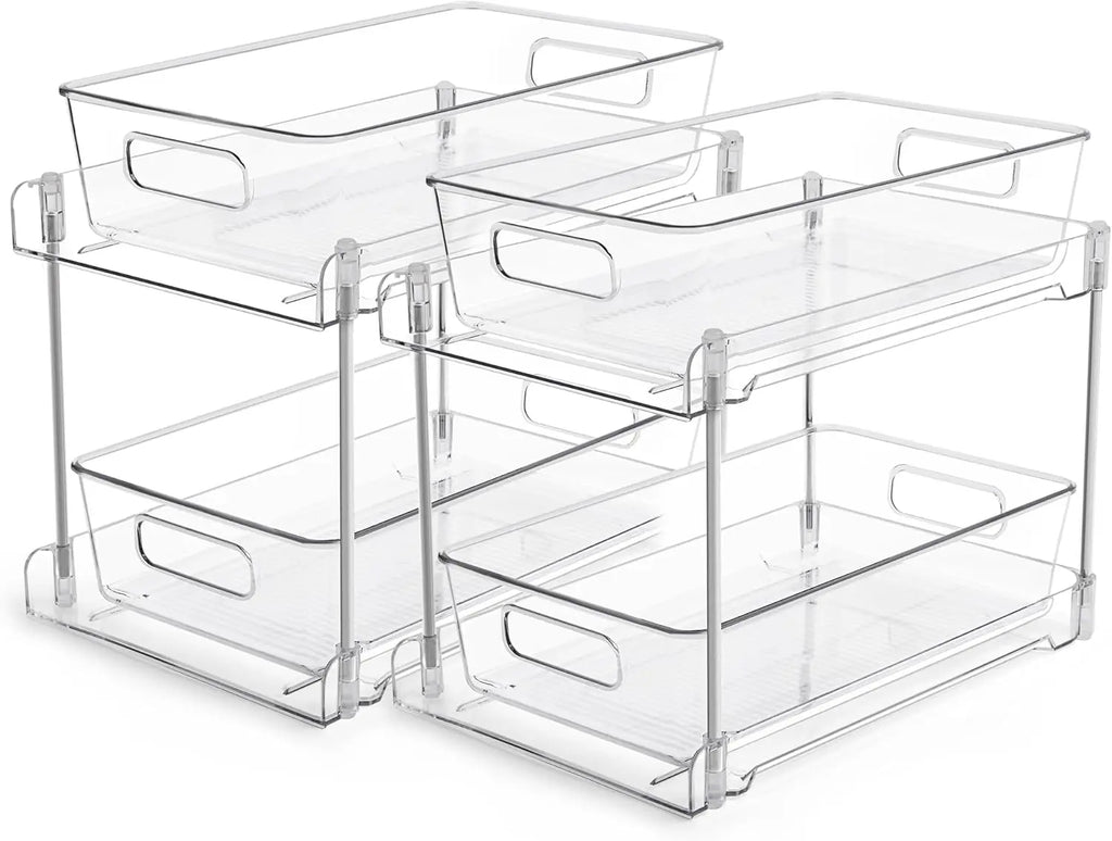 Vtopmart 2 Tier Bathroom Storage Organizer, 2 Pack Clear under Sink Organizers Vanity Counter Container, Cabinet Drawers Bins, Pull-Out Organization with Track for Pantry, Kitchen