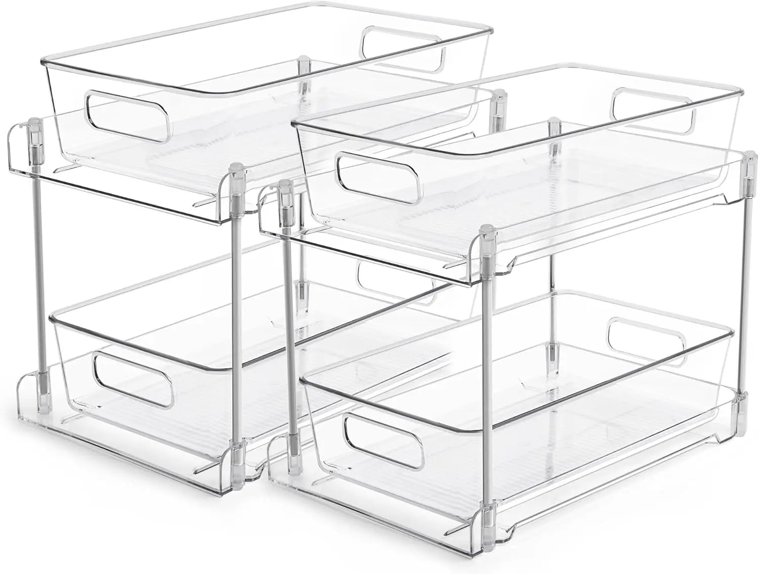 Vtopmart 2 Tier Bathroom Storage Organizer, 2 Pack Clear under Sink Organizers Vanity Counter Container, Cabinet Drawers Bins, Pull-Out Organization with Track for Pantry, Kitchen
