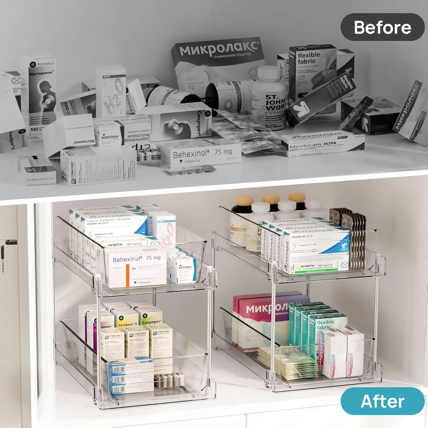 Vtopmart 2 Tier Bathroom Storage Organizer, 2 Pack Clear under Sink Organizers Vanity Counter Container, Cabinet Drawers Bins, Pull-Out Organization with Track for Pantry, Kitchen