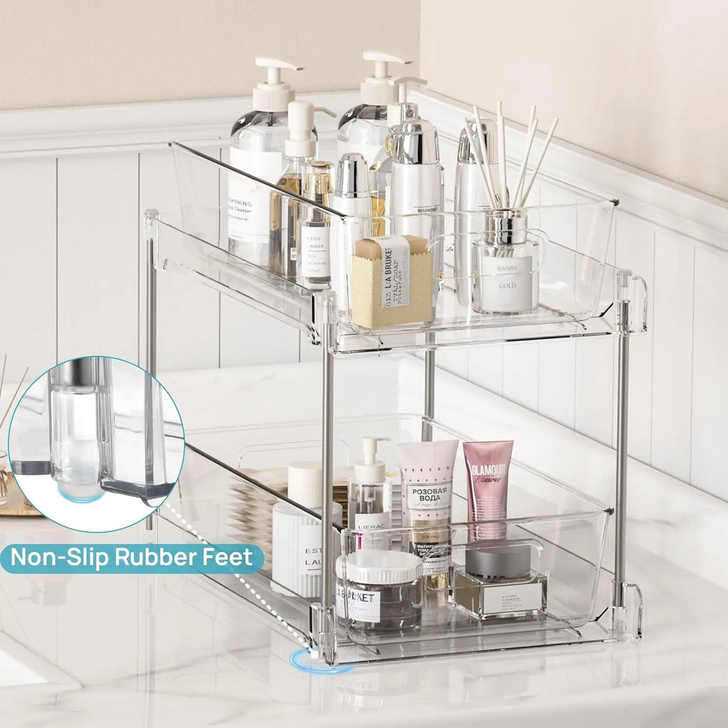 Vtopmart 2 Tier Bathroom Storage Organizer, 2 Pack Clear under Sink Organizers Vanity Counter Container, Cabinet Drawers Bins, Pull-Out Organization with Track for Pantry, Kitchen