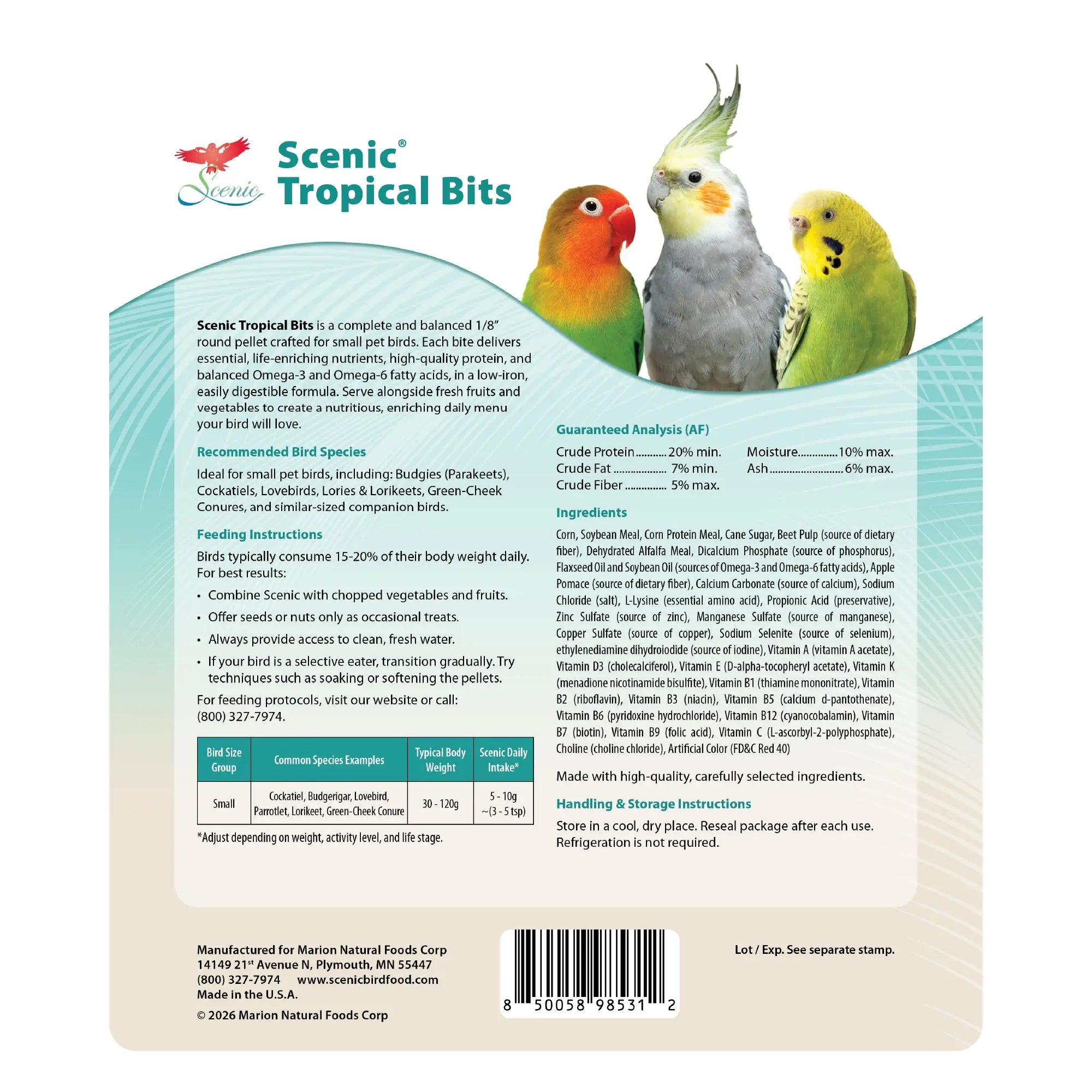 Scenic Tropical Bits Small Pet Bird Food - 1.75 Lb Bag - 1/8" Bird Pellets - Complete Nutrition for Cockatiels, Budgies, Lovebirds, Conures & Lories