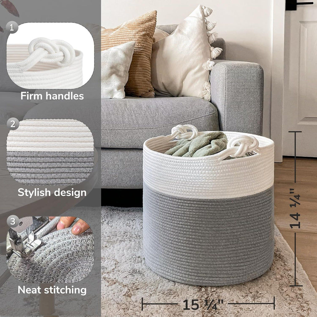 Stylish Grey Cotton Rope Storage Basket - Perfect for Baby Laundry, Toy Storage & Home Organization - 15 x 14.2 Inches with Convenient Handles