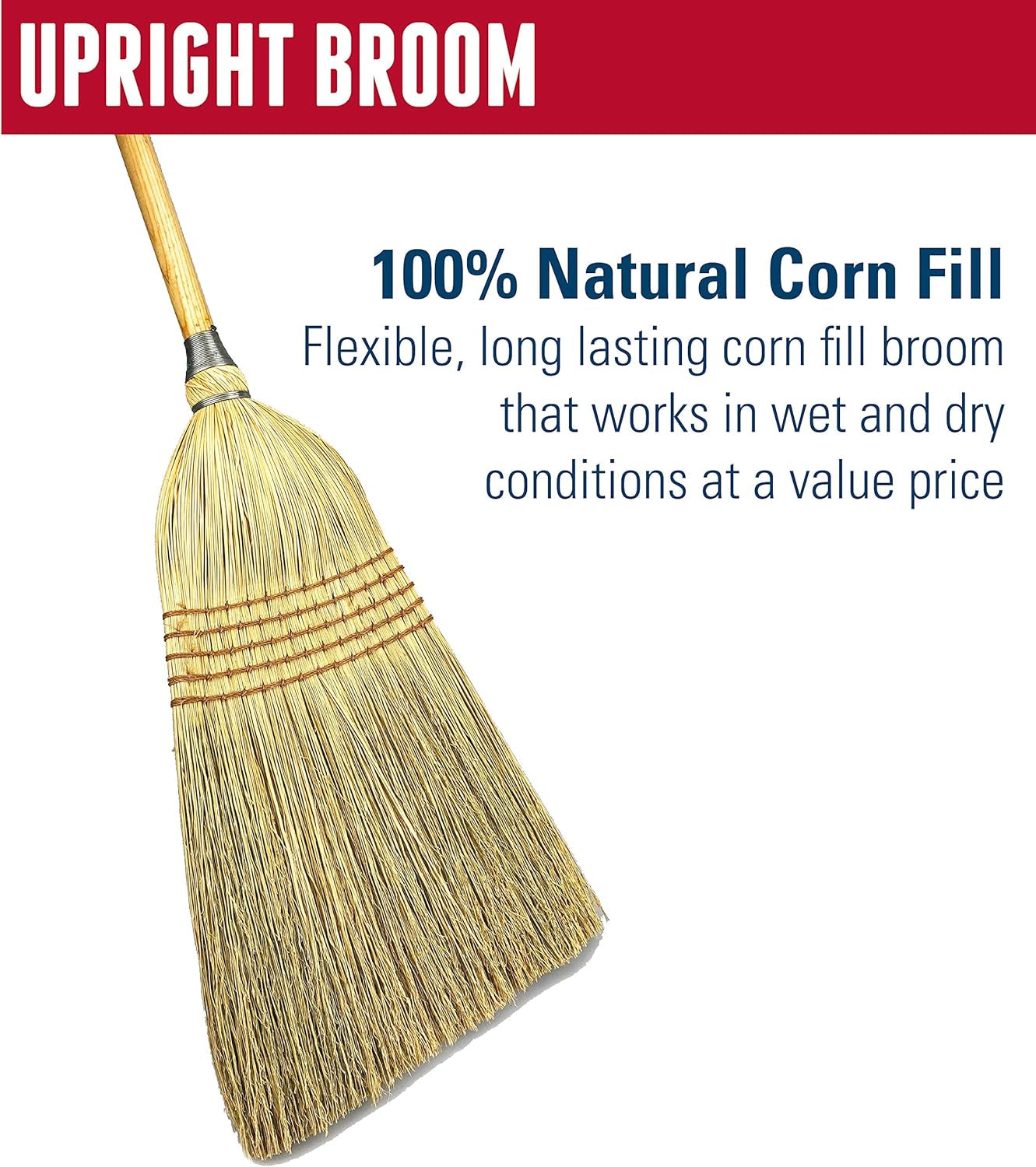 95033 Heavy-Duty Corn Broom with Wooden Handle, 5 Sews, 100% Natural Corn Fill for Indoor or Outdoor Sweeping