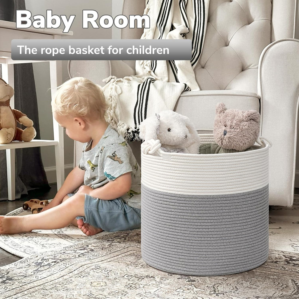 Stylish Grey Cotton Rope Storage Basket - Perfect for Baby Laundry, Toy Storage & Home Organization - 15 x 14.2 Inches with Convenient Handles