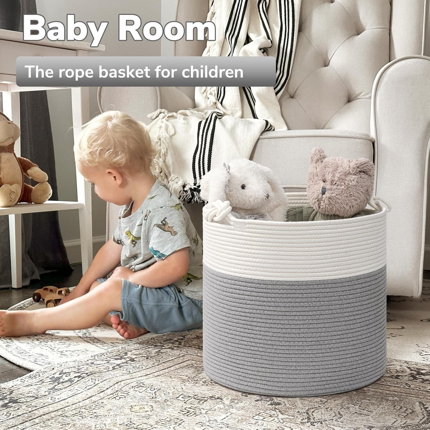 Stylish Grey Cotton Rope Storage Basket - Perfect for Baby Laundry, Toy Storage & Home Organization - 15 x 14.2 Inches with Convenient Handles